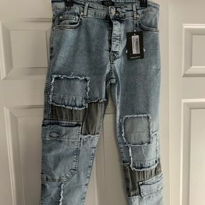BoohooMAN Ice Blue Skinny Stretch Patchwork Jeans